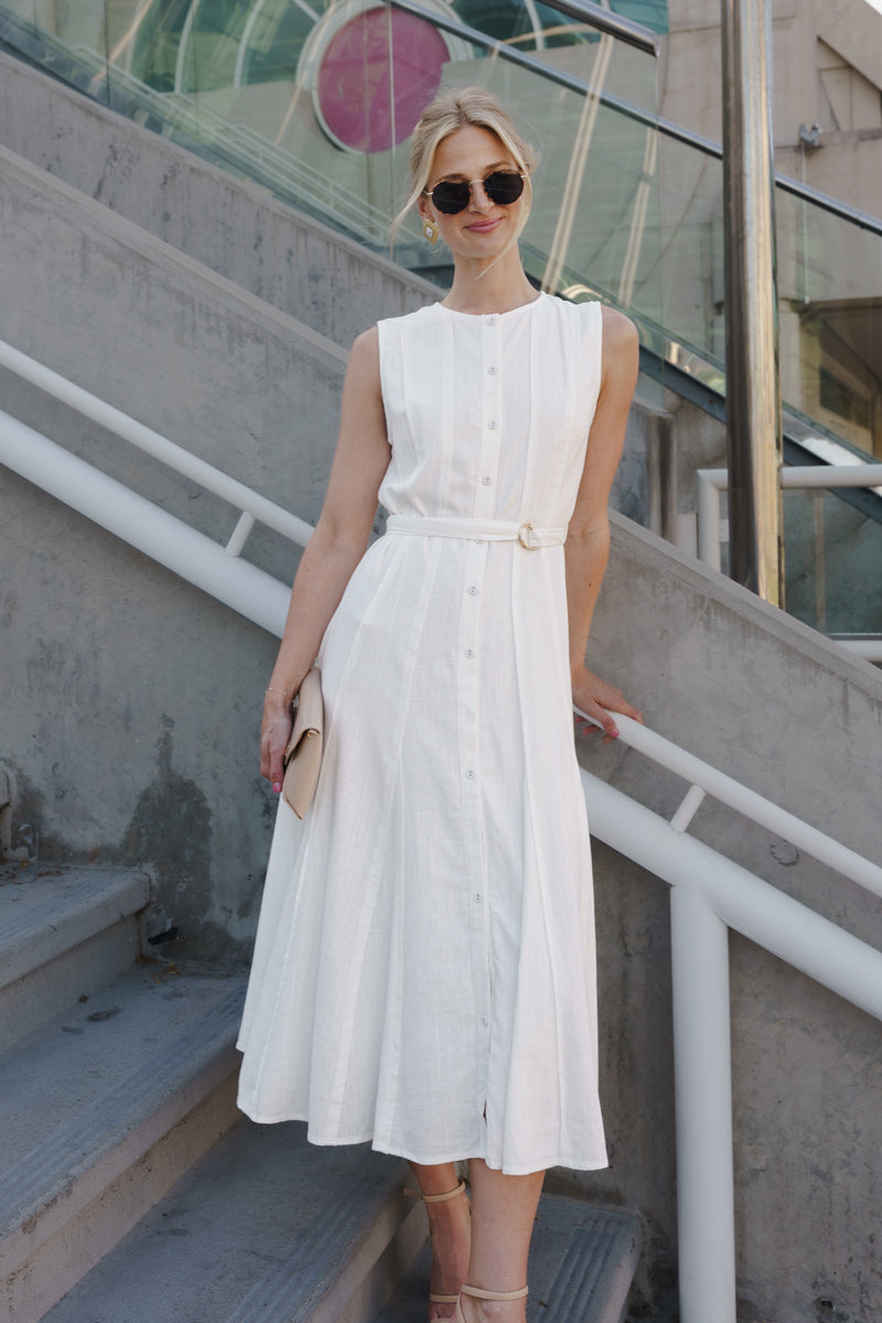 Samantha Sleeveless Button Down Belted Linen Midi Dress White SMALL