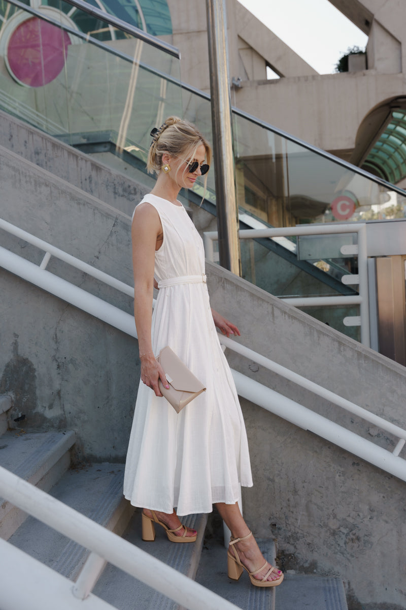 linen belted midi dress Linen Blend Belted Midi Dress