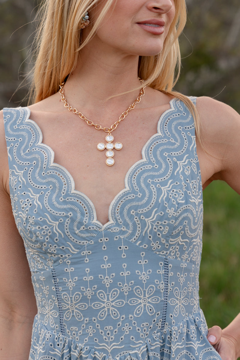 Sleeveless Embroidered Floral Midi Dress Blue