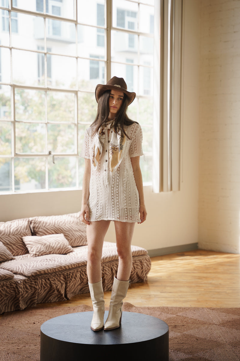 Pilar Sleeveless Button Down Crochet Cover Up Mini Dress White