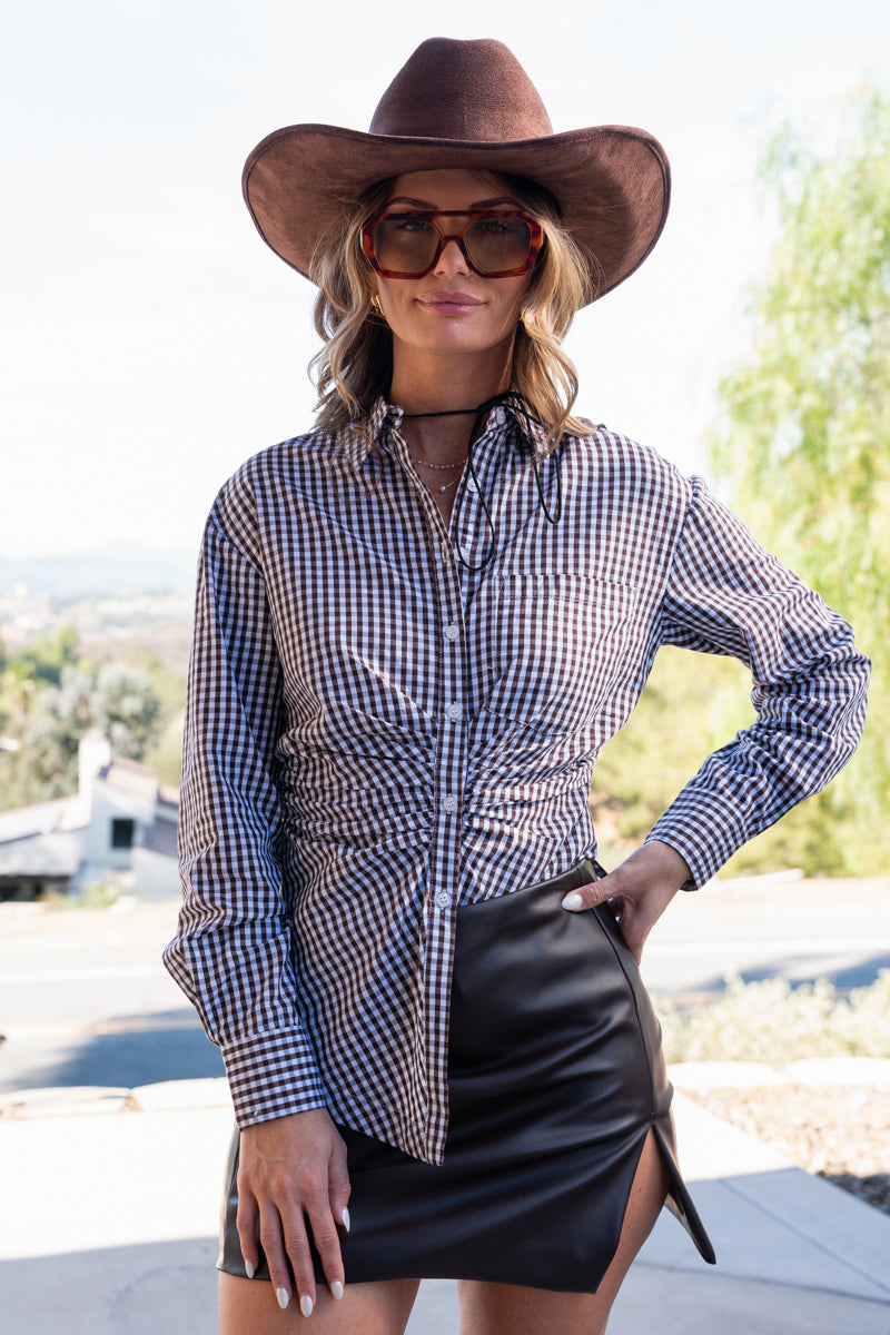 Long Sleeve Button Down Gingham Print Top Brown
