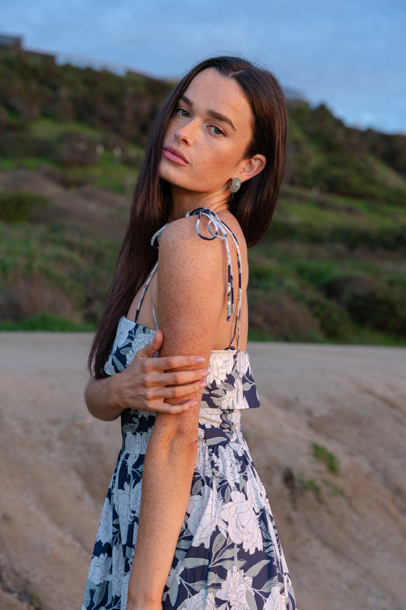 Sleeveless Shoulder Tie Floral Print Maxi Dress Navy