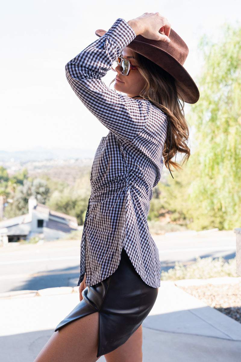 Long Sleeve Button Down Gingham Print Top Brown