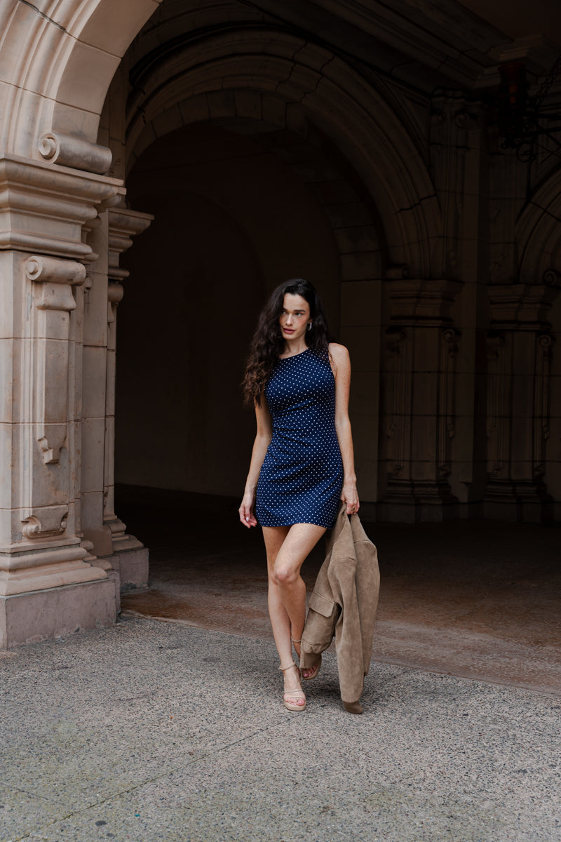 Sleeveless Polka Dot Print Mini Dress Navy