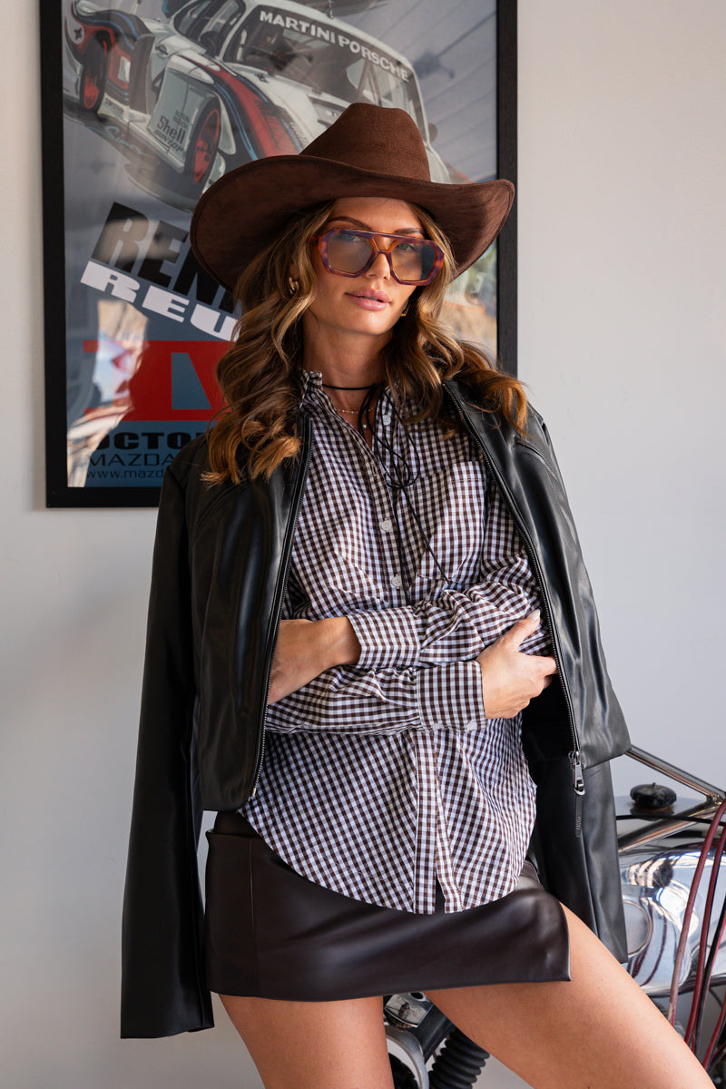 Long Sleeve Button Down Gingham Print Top Brown