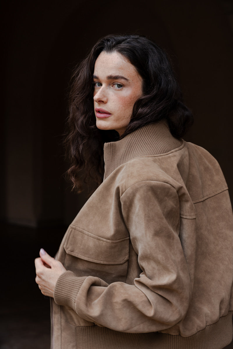 Valentina Long Sleeve Zip Up Faux Suede Bomber Jacket Mocha