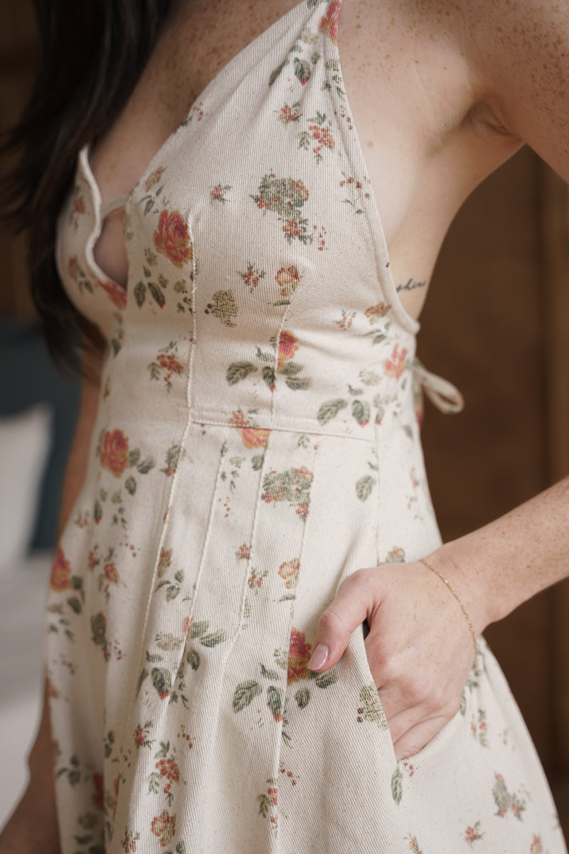 Sleeveless Open Back Floral Print Romper Ivory