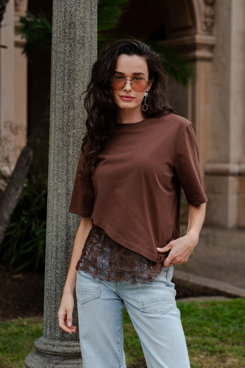 Short Sleeve Asymmetrical Lace Top Brown