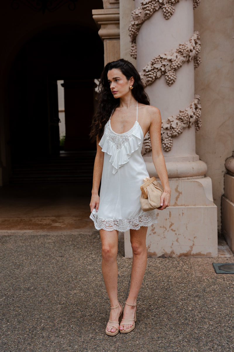  Sleeveless Halter Open Back Tie Ruffle Lace Mini Dress White