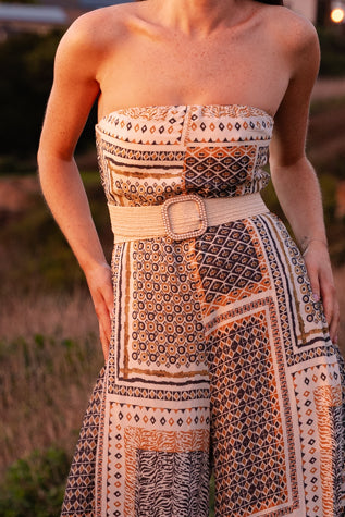 Large Weaved Faux Pearl Belt Beige