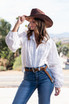 Long Sleeve Button Down Eyelet Top White