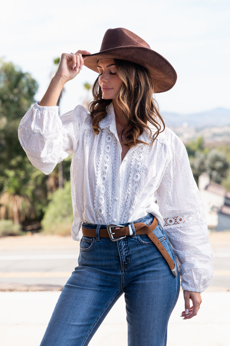 Long Sleeve Button Down Eyelet Top White