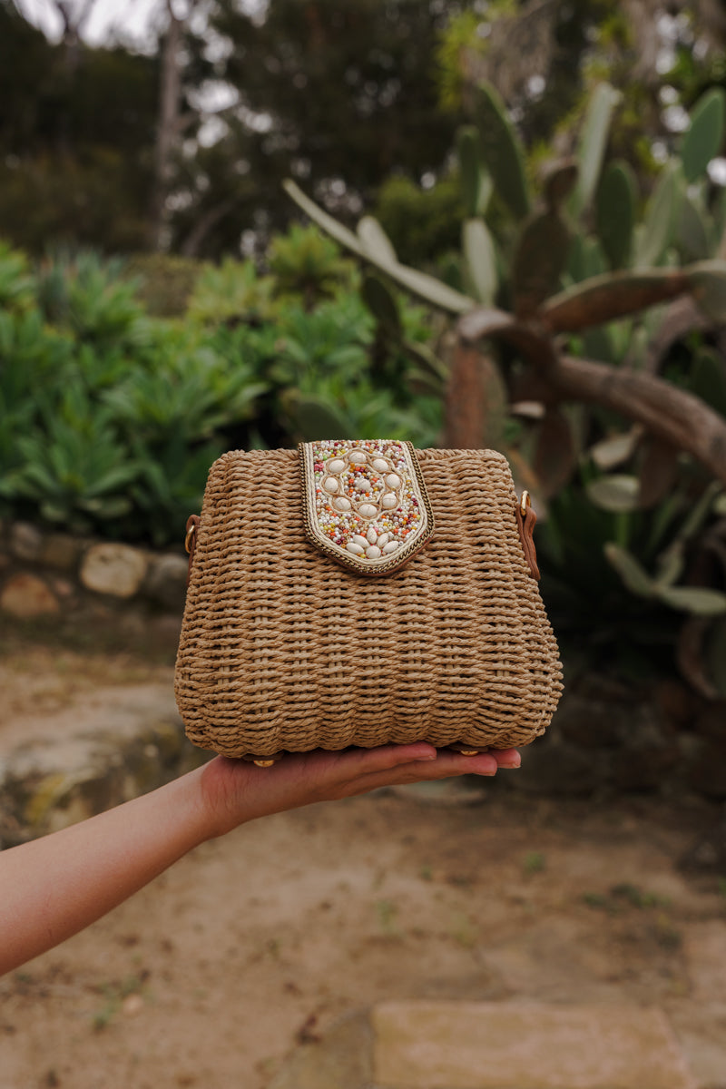 Woven Straw Beaded Clutch Natural
