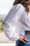 Long Sleeve Button Down Eyelet Top White