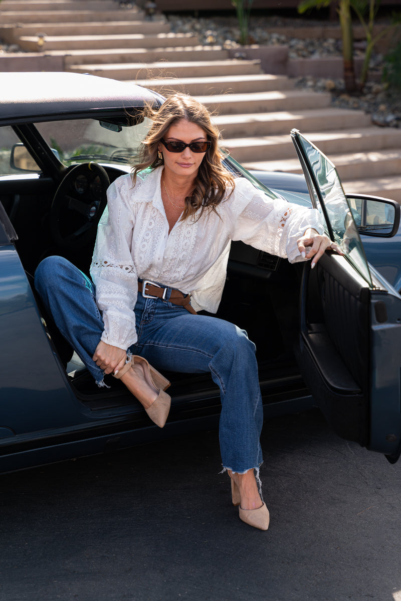 Long Sleeve Button Down Eyelet Top White