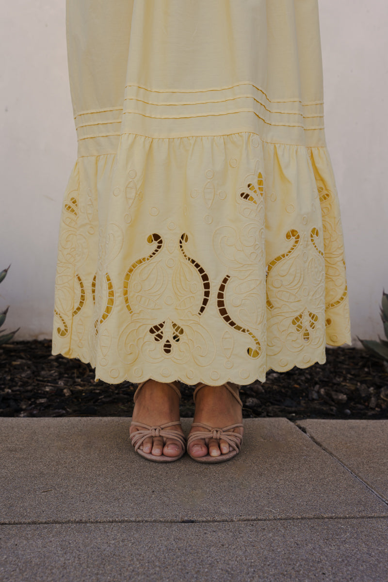 Short Puff Sleeve Eyelet Midi Dress Yellow
