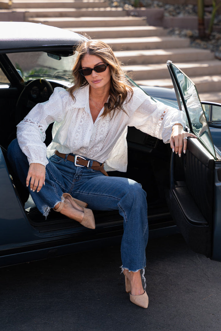 Long Sleeve Button Down Eyelet Top White