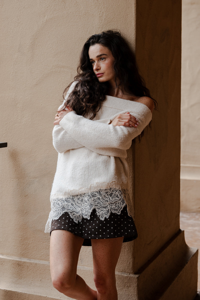 Long Sleeve Off The Shoulder Lace Trim Sweater Cream