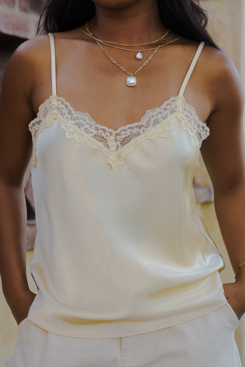 Sleeveless Lace Trim Satin Cami Top Yellow