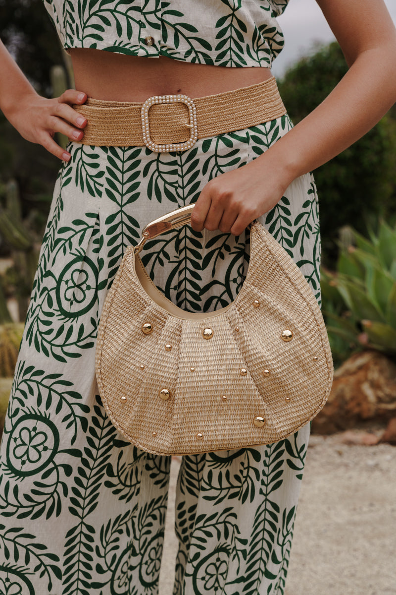 Large Weaved Faux Pearl Belt Beige