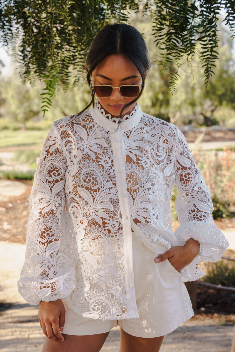 Long Sleeve Button Down Lace Top White