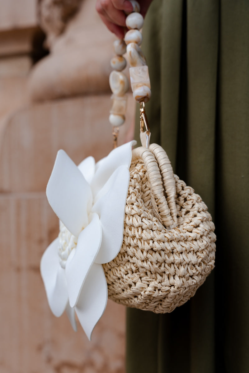 Basket Weave Fabric Flower Handbag Tan