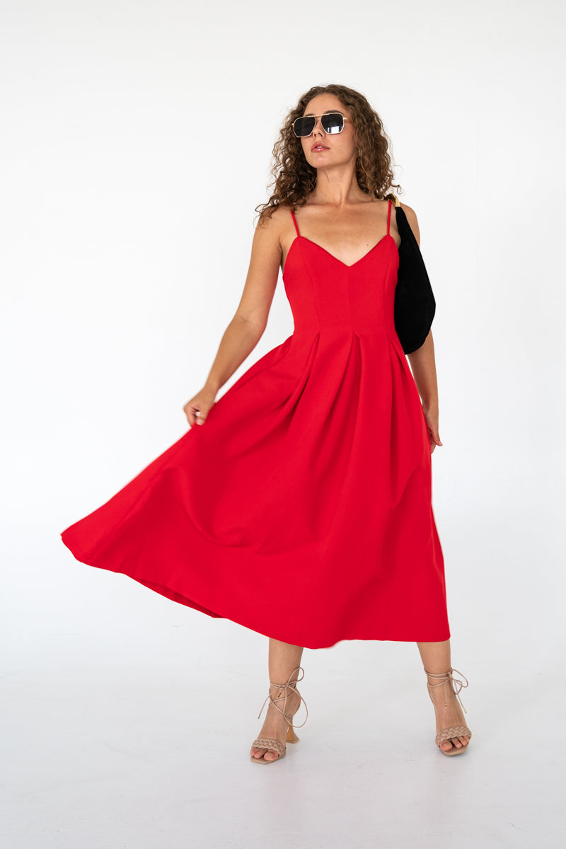 Sleeveless Flare Midi Dress Red