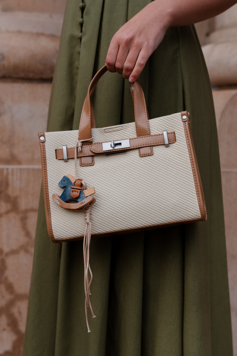Top Handle Woven Canvas Purse Beige