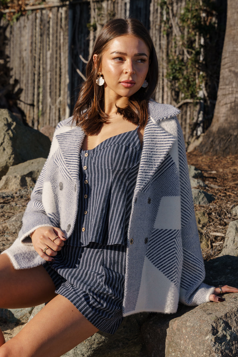 Long Sleeve Double Breasted Geo Print Fuzzy Knit Jacket Blue