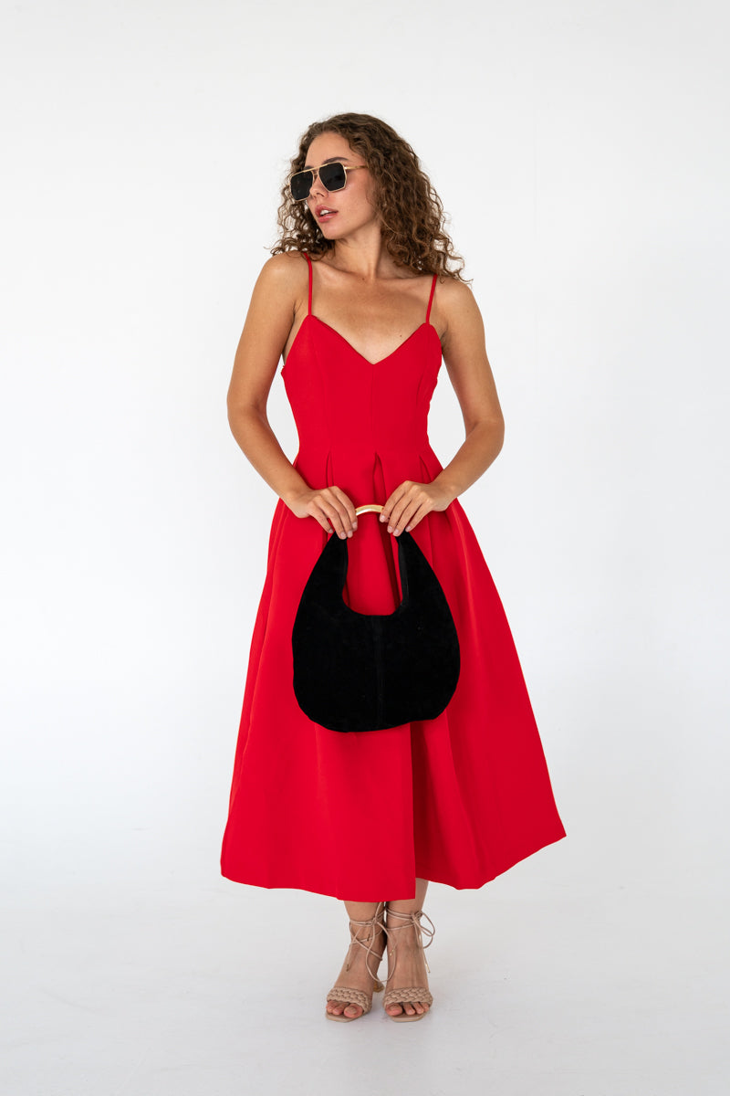 Metal Top Handle Faux Suede Handbag Black