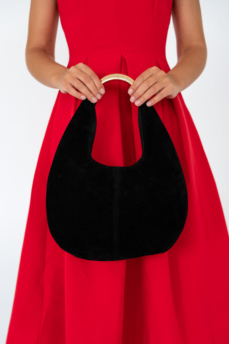 Metal Top Handle Faux Suede Handbag Black