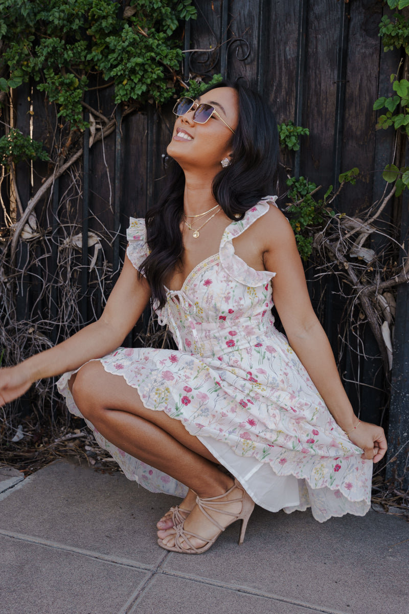 Flutter Sleeve Floral Print Mini Dress White