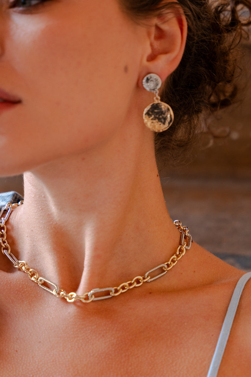 Two Tone Round Hammered Drop Earrings Gold