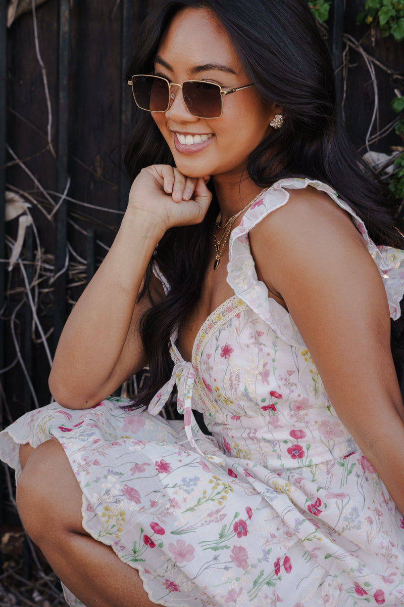 Flutter Sleeve Floral Print Mini Dress White