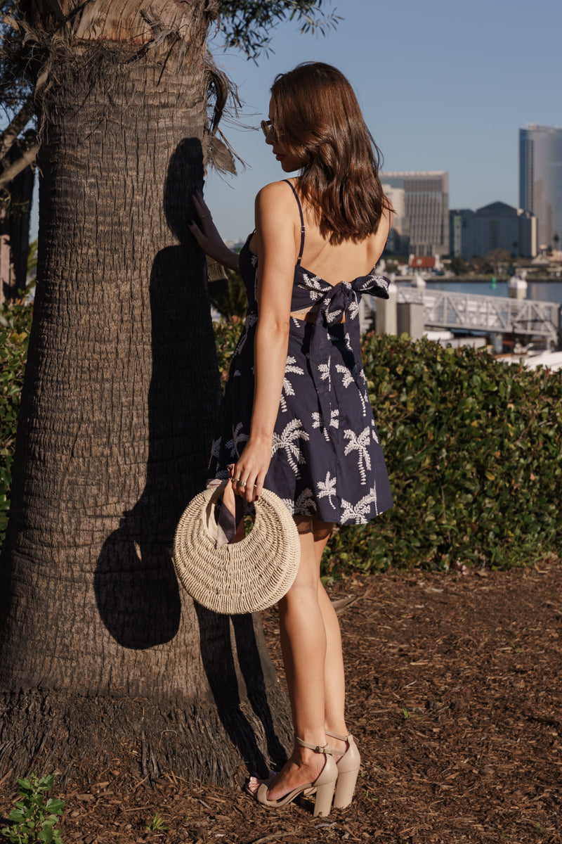 Sleeveless Embroidered Palm Print Mini Dress Navy