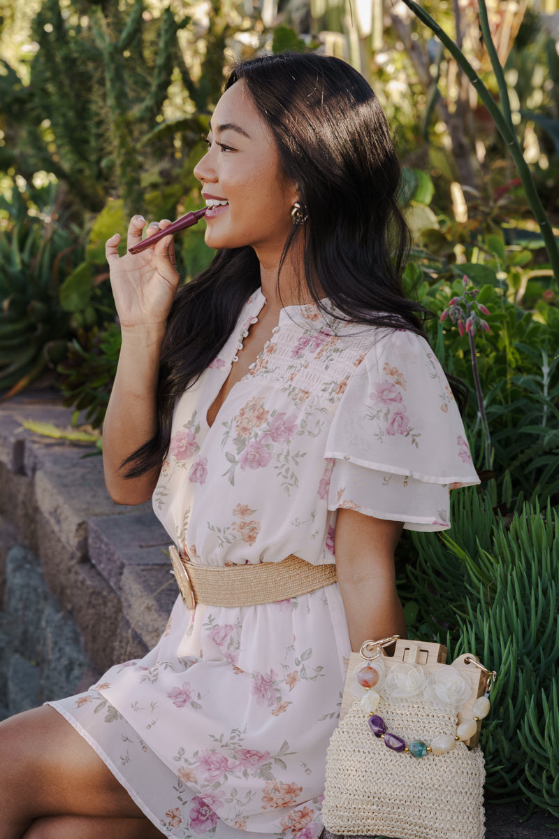 short mini floral dress Lyric Short Flutter Sleeve Floral Print Mini Dress Pink LARGE