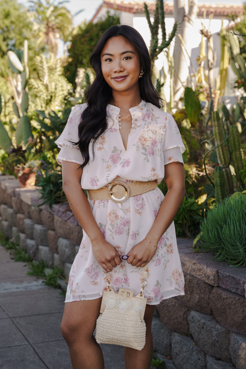 pink mini dress short sleeve Lyric Short Flutter Sleeve Floral Print Mini Dress Pink LARGE