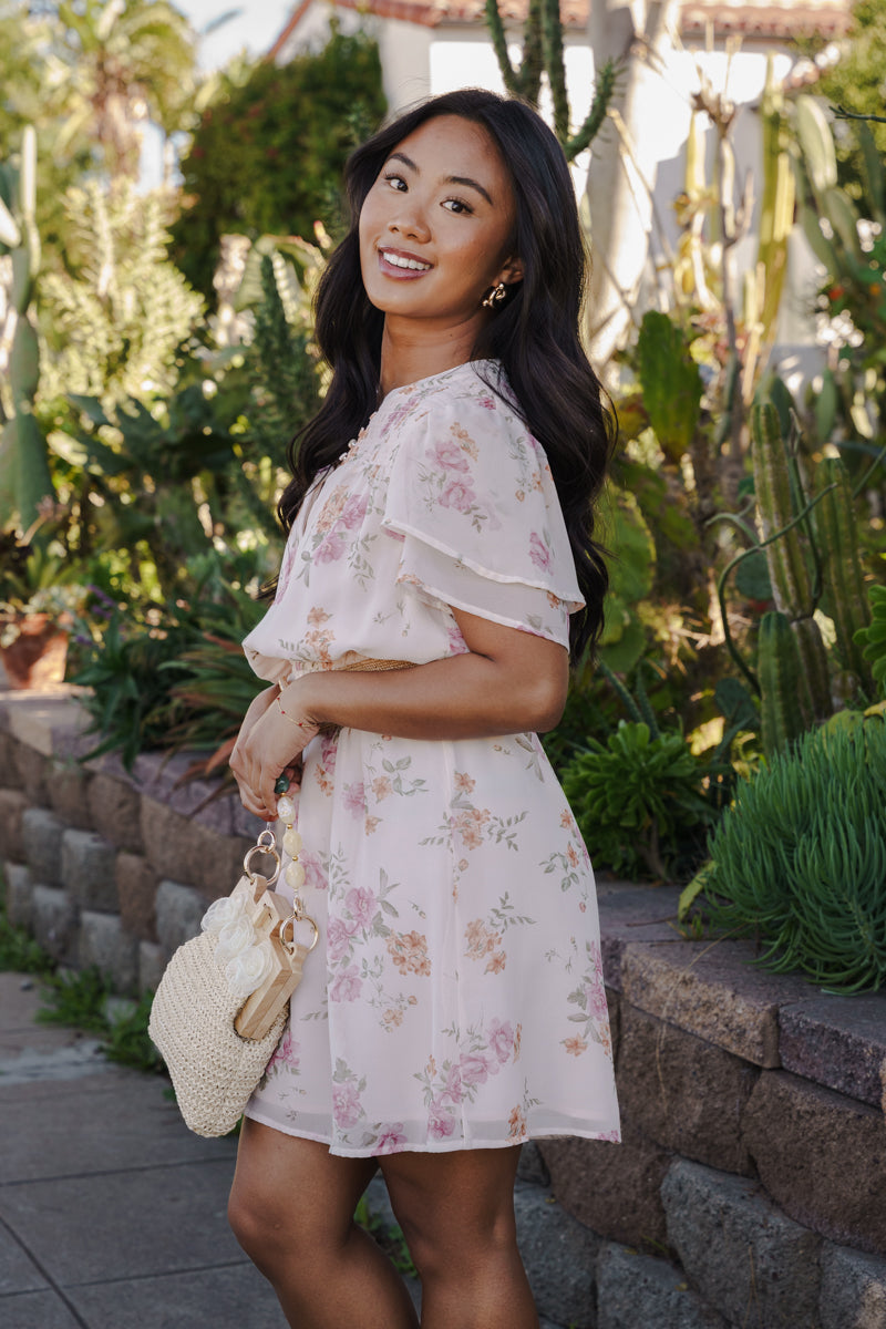 Lyric Short Flutter Sleeve Floral Print Mini Dress Pink Lyric Short Flutter Sleeve Floral Print Mini Dress Pink