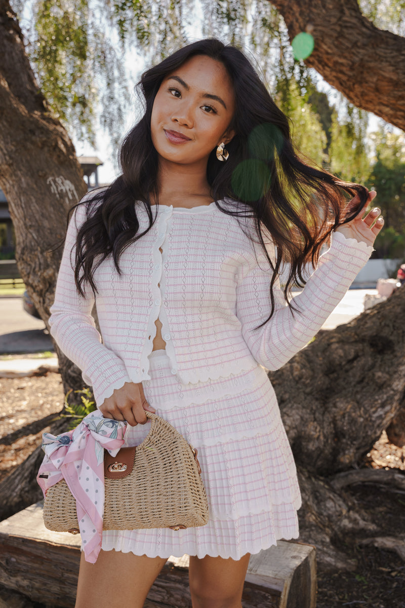 Long Sleeve Button Down Stripe Print Knit Cardigan Top And Mini Skirt Set White