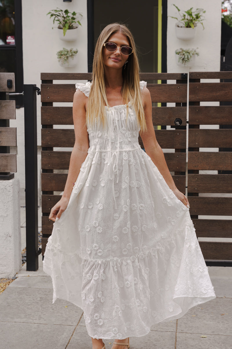 Natalia Flutter Sleeve 3D Floral Maxi Dress White SMALL