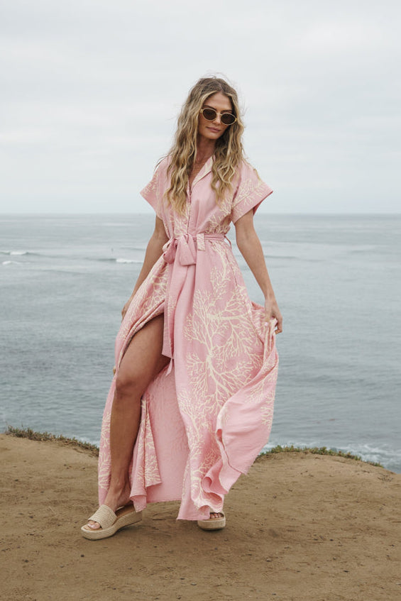 Short Sleeve Waist Tie Coral Print Maxi Dress Pink