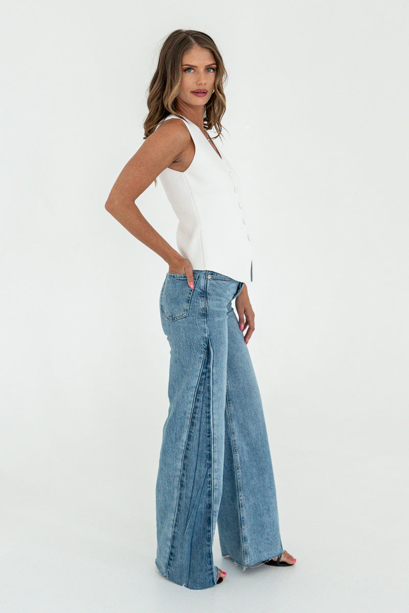 Sleeveless Button Down Knit Vest White