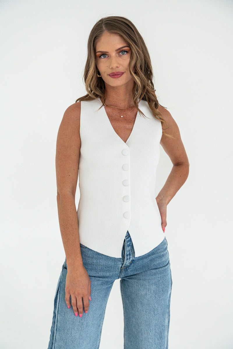 Sleeveless Button Down Knit Vest White