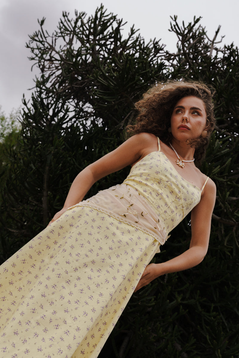 Sleeveless Floral Print Midi Dress Yellow