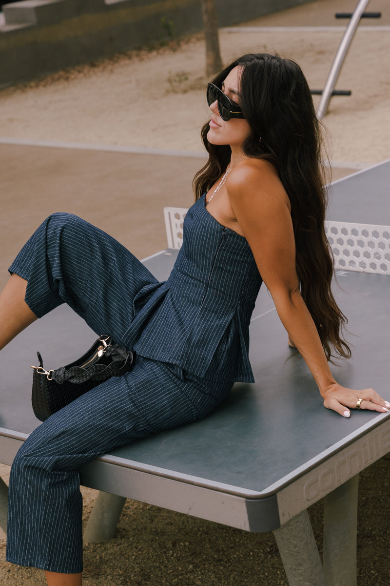 Sleeveless Peplum Top And Wide Leg Denim Barrel Pants Stripe Print Set Dark Wash