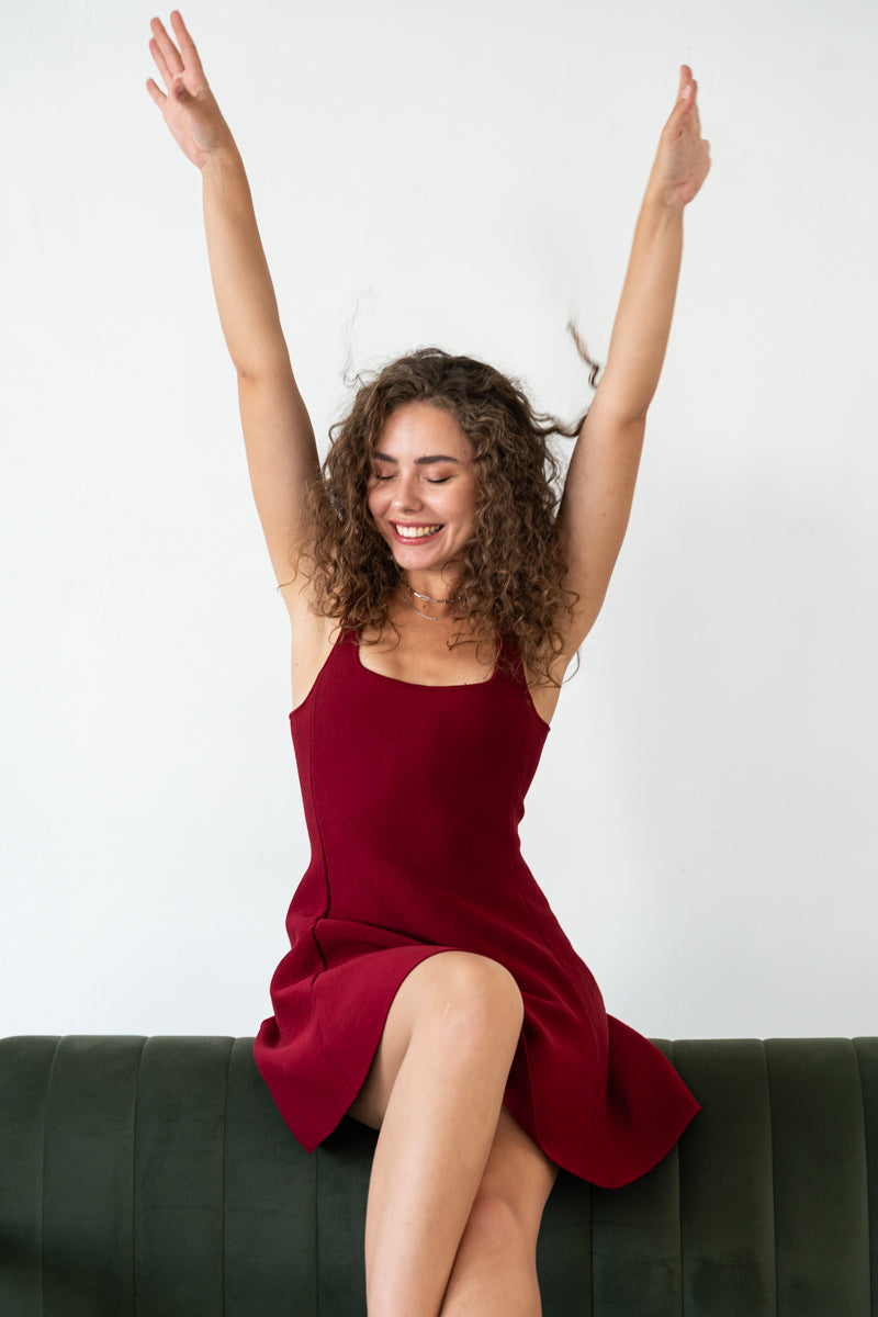 Sleeveless A-Line Knit Mini Dress Burgundy