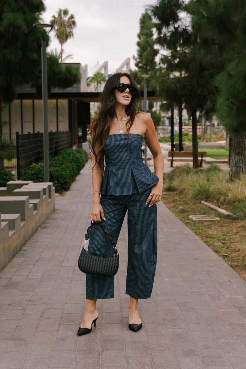 Sleeveless Peplum Top And Wide Leg Denim Barrel Pants Stripe Print Set Dark Wash