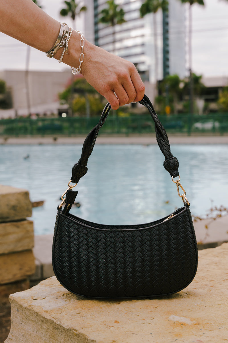 Eden Top Handle Faux Leather Woven Handbag Black