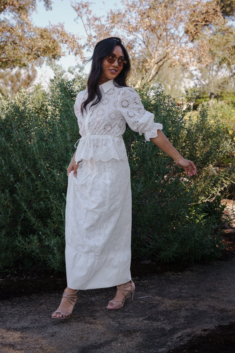 High Waist Eyelet Floral Midi Skirt White