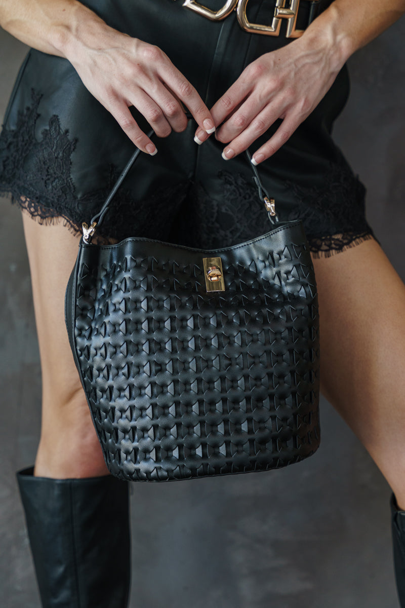 Dolly Faux Leather Bucket Basket Weave Handbag Black